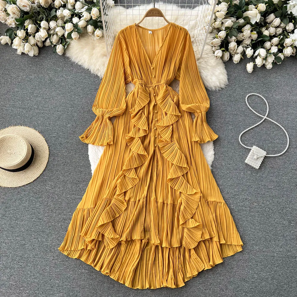 

French Sexy Chic Ruffle Pleated Elegant Vneck Long Sleeve Dress A-line High Waist Beach Vacation Party Women Summer Vestidos