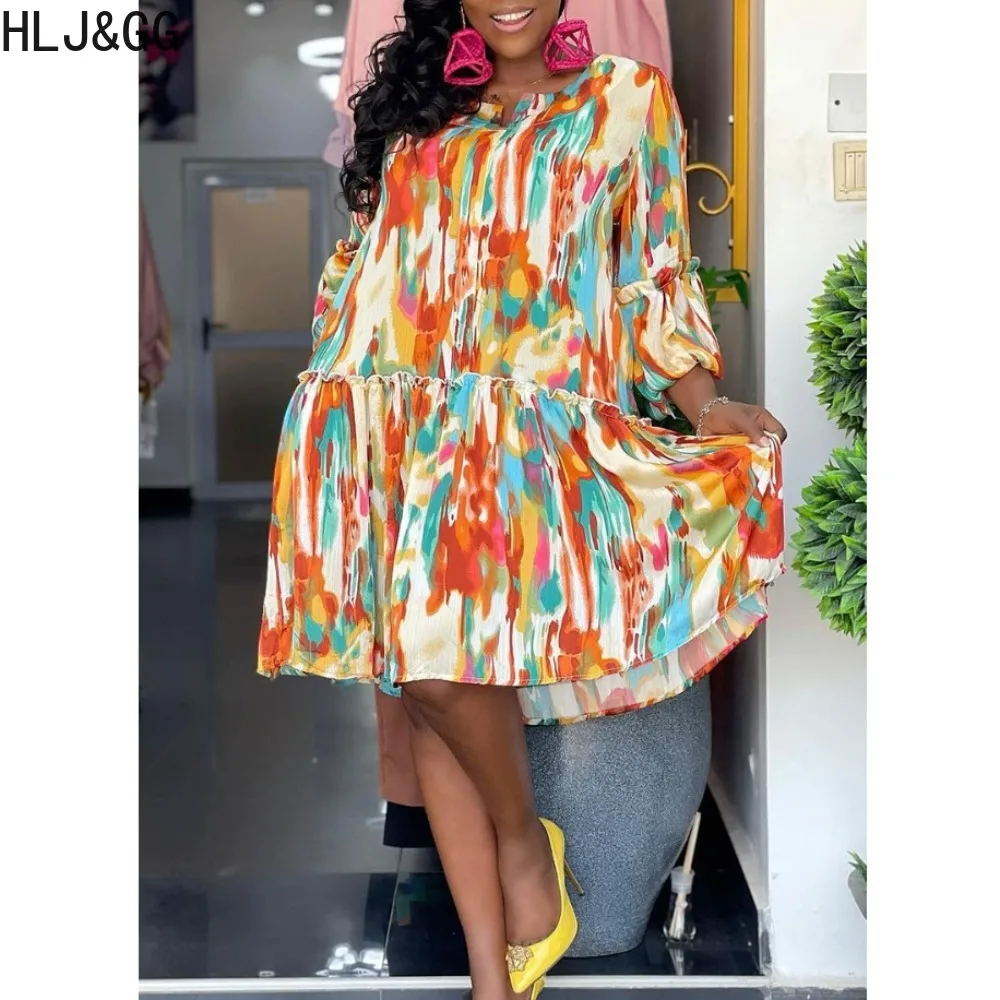 

HLJ&GG Spring New Tie Dye Print A-line Mini Dress Women V Neck Button Splicing Lantern Sleeve Loose Vestidos Fashion Streetwear