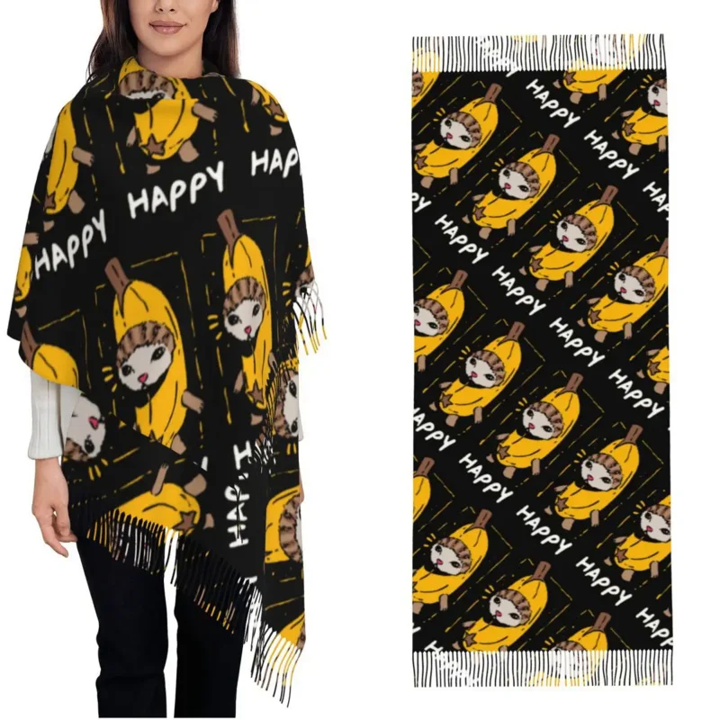 

Happy Banana Cat Funny Meme Shawl Wrap Women Winter Large Soft Scarf Pashminas Tassel Scarves