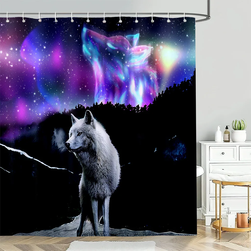 

Wolf Animal Shower Curtain Under The Dreamy Starry Sky, High-Definition Polyester Print Blockout Waterproof Curtain For Bathroom
