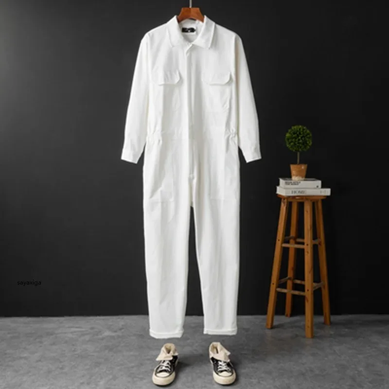 

Spring Men Jumpsuit Long Sleeve Multi-pocket Beam Feet Overalls Streetwear Clothing Cargo Pants Hip Hop White Coverall Trousers