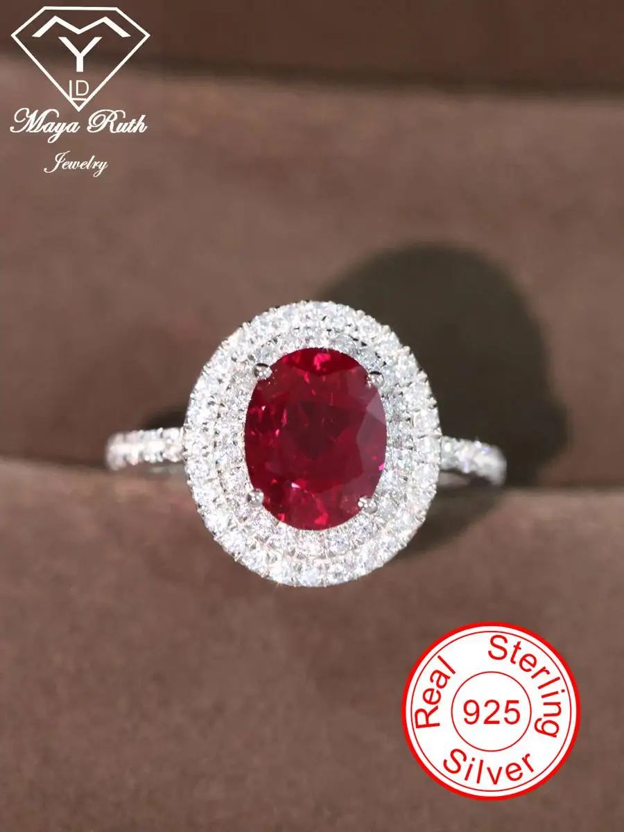

Lab Created Ruby Gemstone Cocktail Ring For Women Red Real 925 Sterling Silver Party Anniversary Gift Female Oval Shape Vintage
