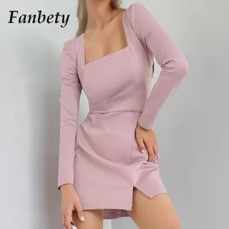 

Spring Summer Commuter Long-Sleeved Party Dress Elegant Temperament A-Word Suit Dress Fashionable Solid Square Neck Mini Dress