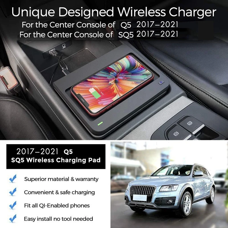 

10W Car Qi Wireless Charger Center Console Fast Phone Charger Charging Plate Mat For - Q5/ SQ5 2017-2021 Accessories