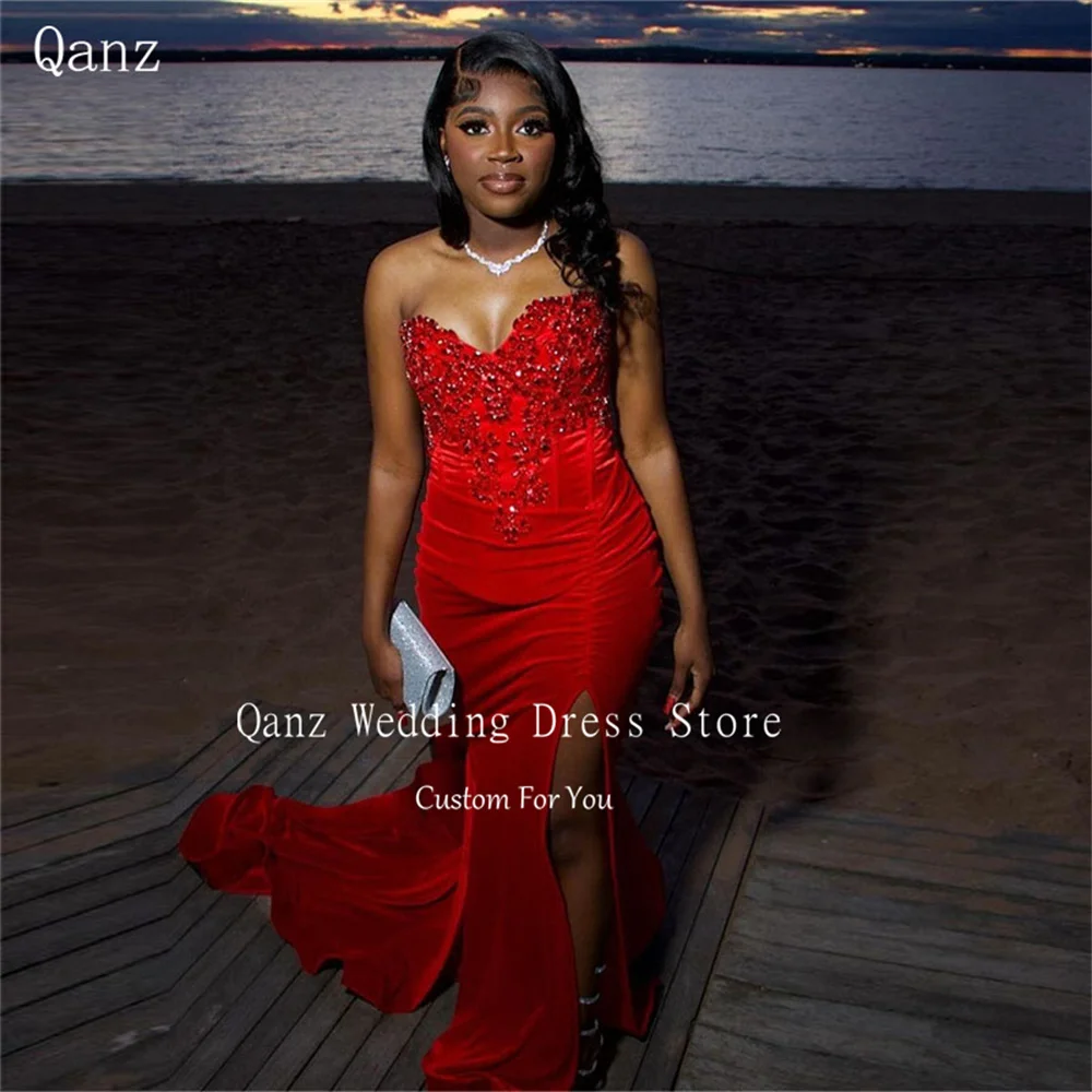 

Qanz Red Luxury Evening Dresses Mermaid Strapless High Leg Slit Satin Vestidos De Fiesta Elegantes Para Mujer 2024 Party Gowns