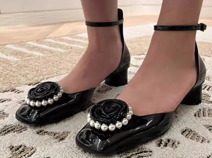 

Moraima Snc Pearls Beaded Flowers Women High Heel Shoes Round Toe Black Patent Leather Ankle Strap Chunky Heels Pumps Mary Janes