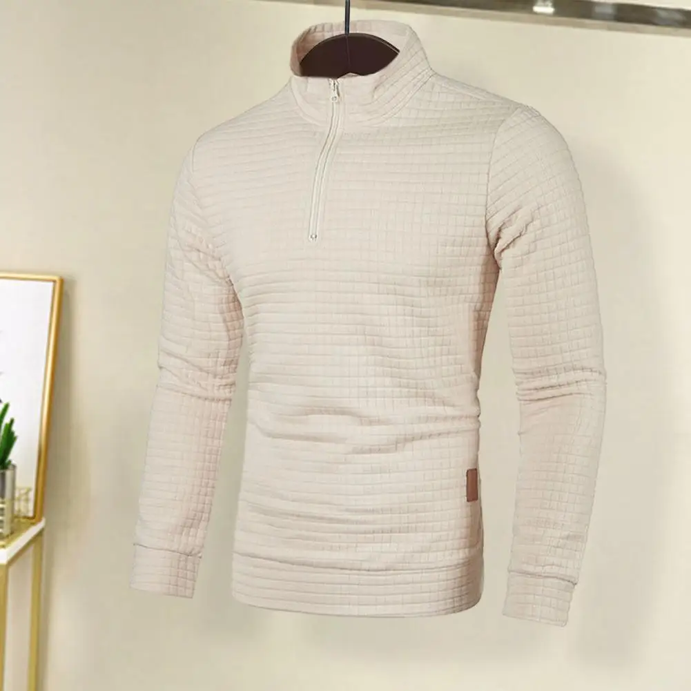 

1Pc Soft Men Fall Winter Sweatshirt Zipper Stand Collar Men Spring Top Elastic Grid Texture Warm Mid Length Pullover for Men