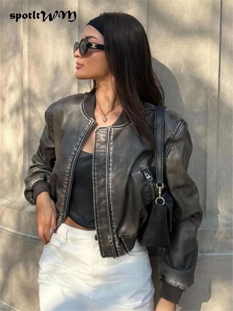 Spring Autumn Women Washed Gradient Leather Jacket Vintage Stand Collar Gradient Zipper Short Coat Lady Locomotive Style Coat
Spring Autumn Women Washed Gradient Leather Jacket Vintage Stand Collar Gradient Zipper Short Coat Lady Locomotive Style Coat