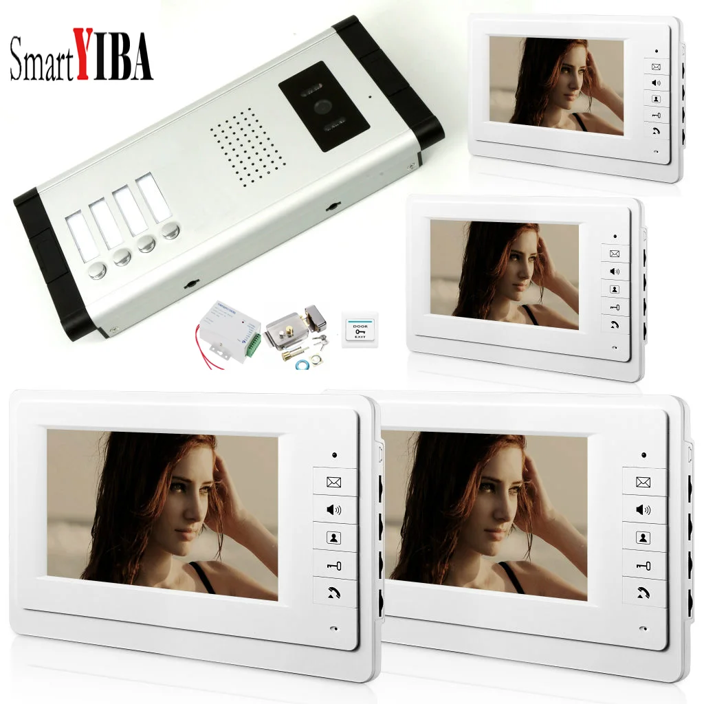 

SmartYIBA 7"Video Doorbell For 4 Units Apartment+Electric Lock Door Phone Exit Button Unlock Video&Audio Intercom Security Kits