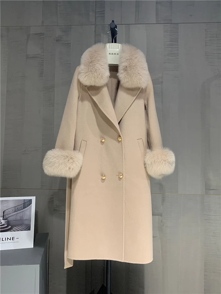 

New Autumn Winter Women Coats Cashmere Sheep Wool Blends Real Natural Fox Fur Collar Cuff Belt Slim Style Female Outerwear