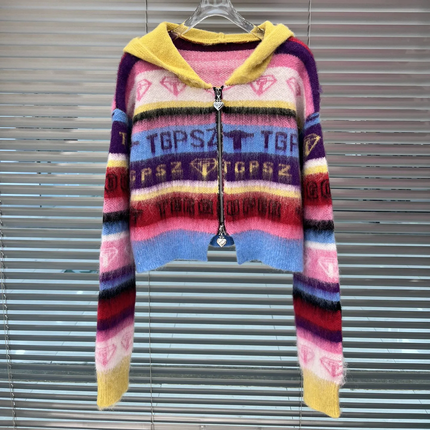 

Colorful striped mohair hooded cardigans for women double zippered sweater jacquard loose versatile short jacket