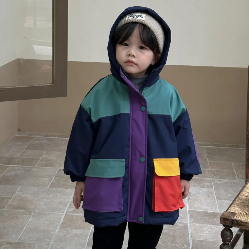 

2023 Winter Kids Quilted hooded Coats contrast color patchwork Boys Parkas Fur Lining thicken Loose jacket