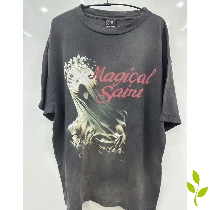 

High Quality Saint Michael T-shirts Monogram Flower Print Short Sleeve Wash Grey Tshirt Made Old Crewneck Tees for Men and Women