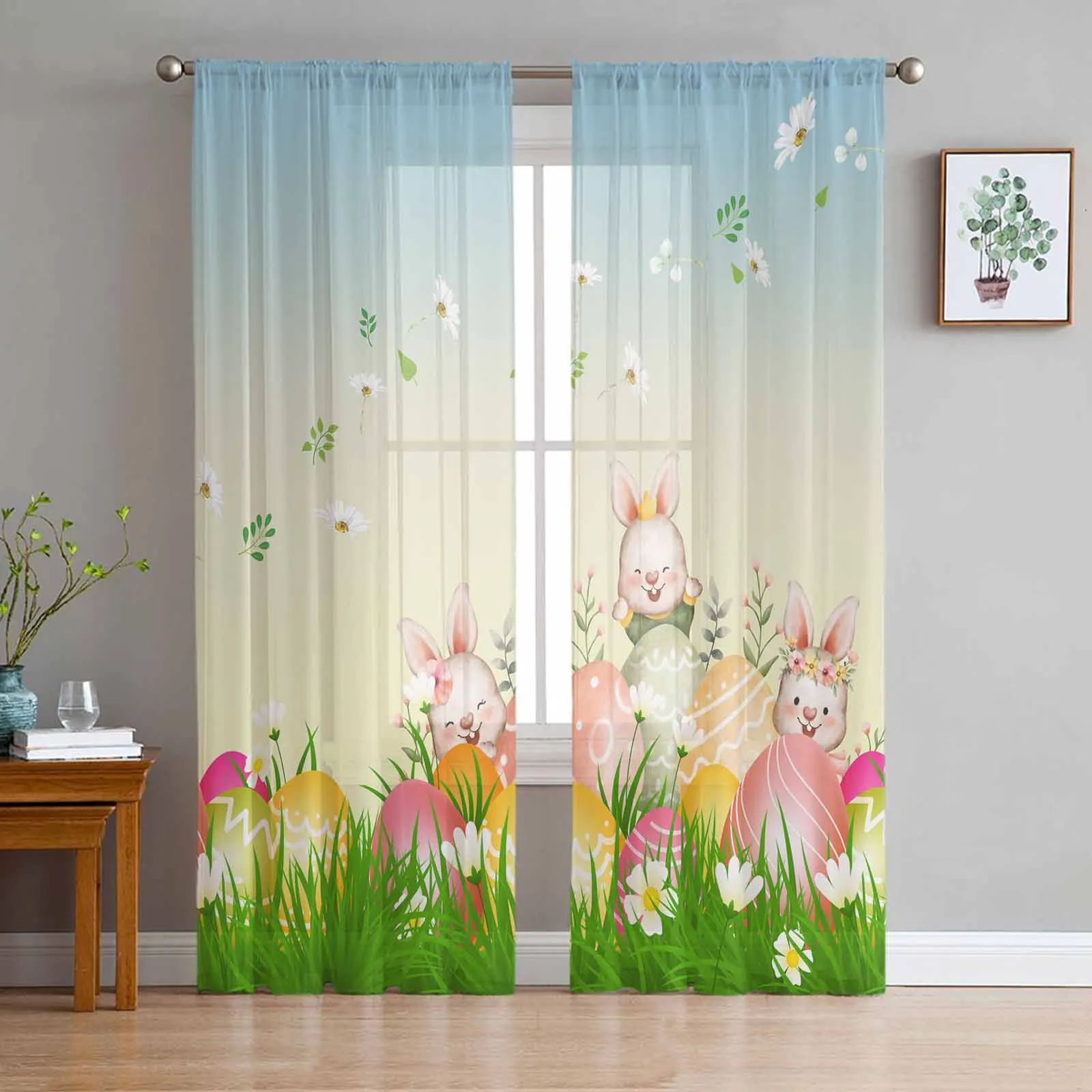

Flower Rabbit Egg Grass Cartoon Easter Tulle Voile Curtains for Bedroom Living Room Window Curtain Sheer Curtains Organza Drapes