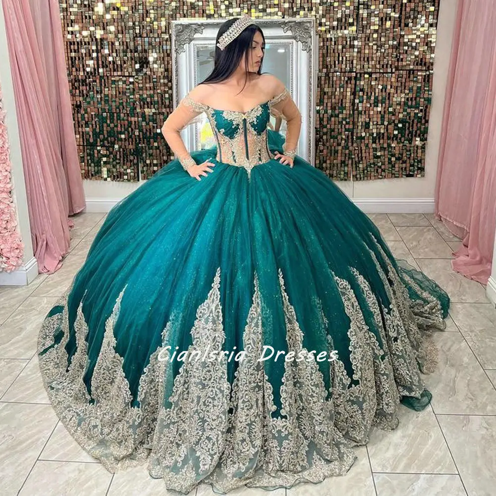 

Emerald Green Illusion Long Sleeve Crystal Beading Mexican Quinceanera Dress Ball Gown Gold Appliques Corset Vestidos De XV Anos