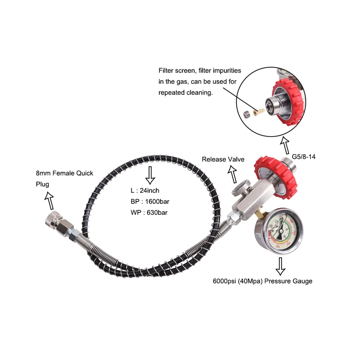 24Inch Fill Station Charging Adaptor Adaptor From Scuba Tank BP:1600Bar :630Bar Connector for PCP Air Refill,B
24Inch Fill Station Charging Adaptor Adaptor From Scuba Tank BP:1600Bar :630Bar Connector for PCP Air Refill,B