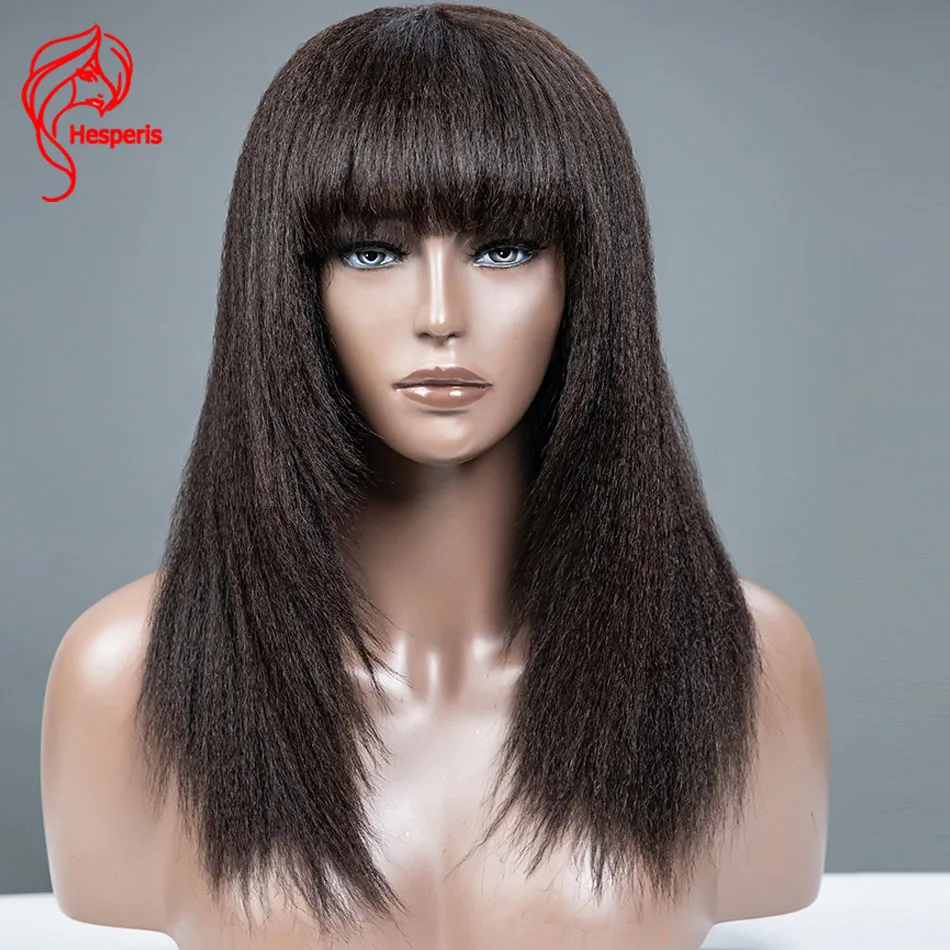 

Hesperis Yaki Straight Human Hair Wig With Bangs Remy Brazilian Hair Scalp Top Full Machine Made Layered Cut Wear And Go