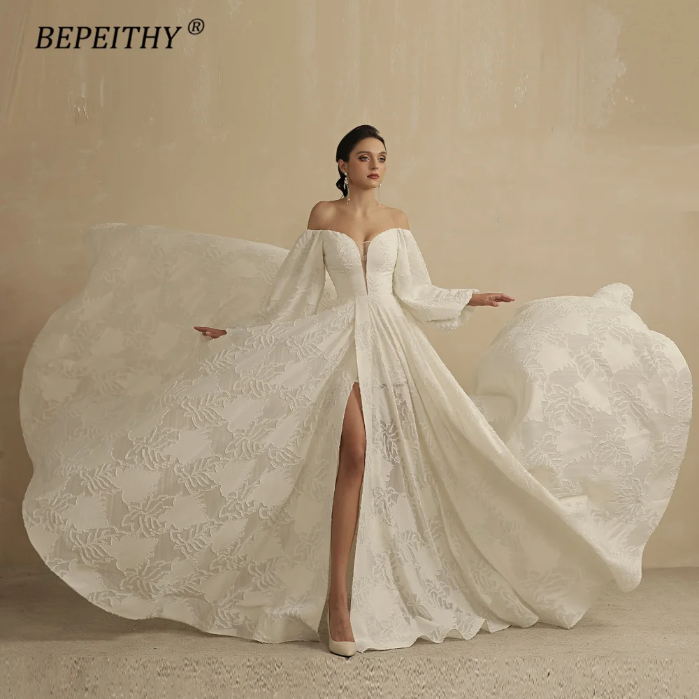 

BEPEITHY Sweetheart A Line Lace Wedding Dresses For Women 2022 With Pockets Sexy High Sleeves Long Puff Sleeves Boho Bridal Gown