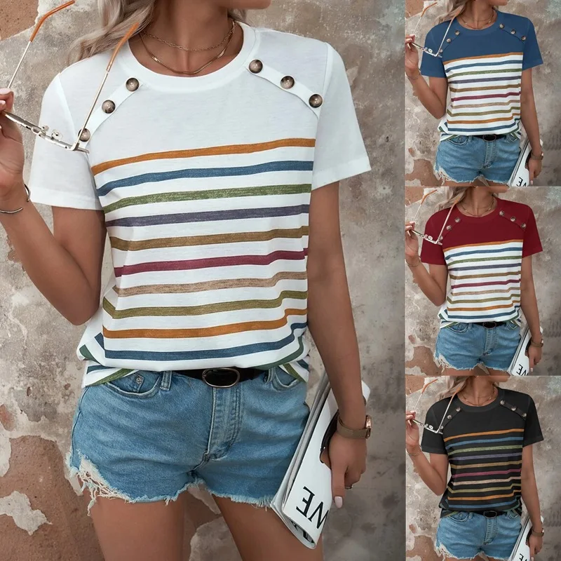 Fashionable New Stripe Pullover 2023 Women's Summer Print Spliced Button T-Shirt Casual Short Sleeve Round Neck Loose Top
Fashionable New Stripe Pullover 2023 Women's Summer Print Spliced Button T-Shirt Casual Short Sleeve Round Neck Loose Top