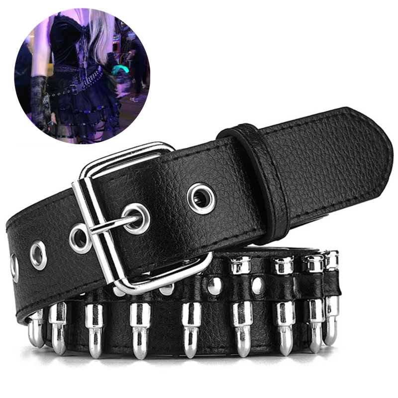 

Women Leather Belt Punk Bullet Rivet Pin Buckle Luxury Belts for Men Jeans Waistband Rock Motorcycle Hip Hop Male Strap