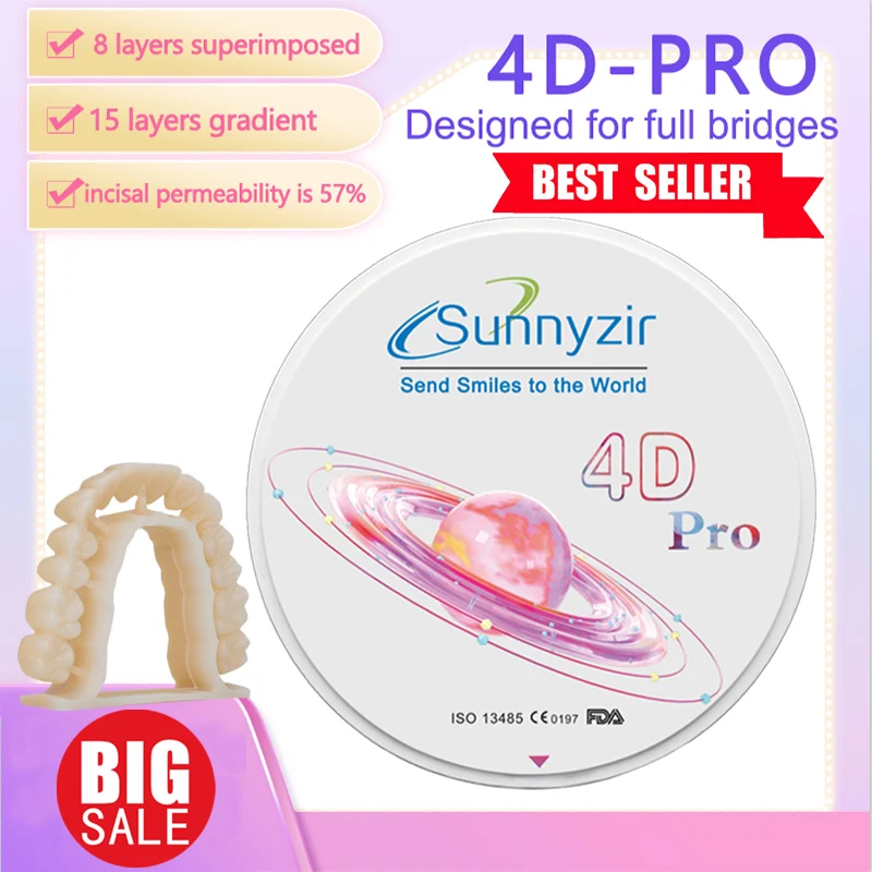 

Sunnyzir 4D Pro Multilayer Zirconia Blocks Discs Dental Lab Zirconium Blank 43%-57% Translucence 98x10-16mm Open System