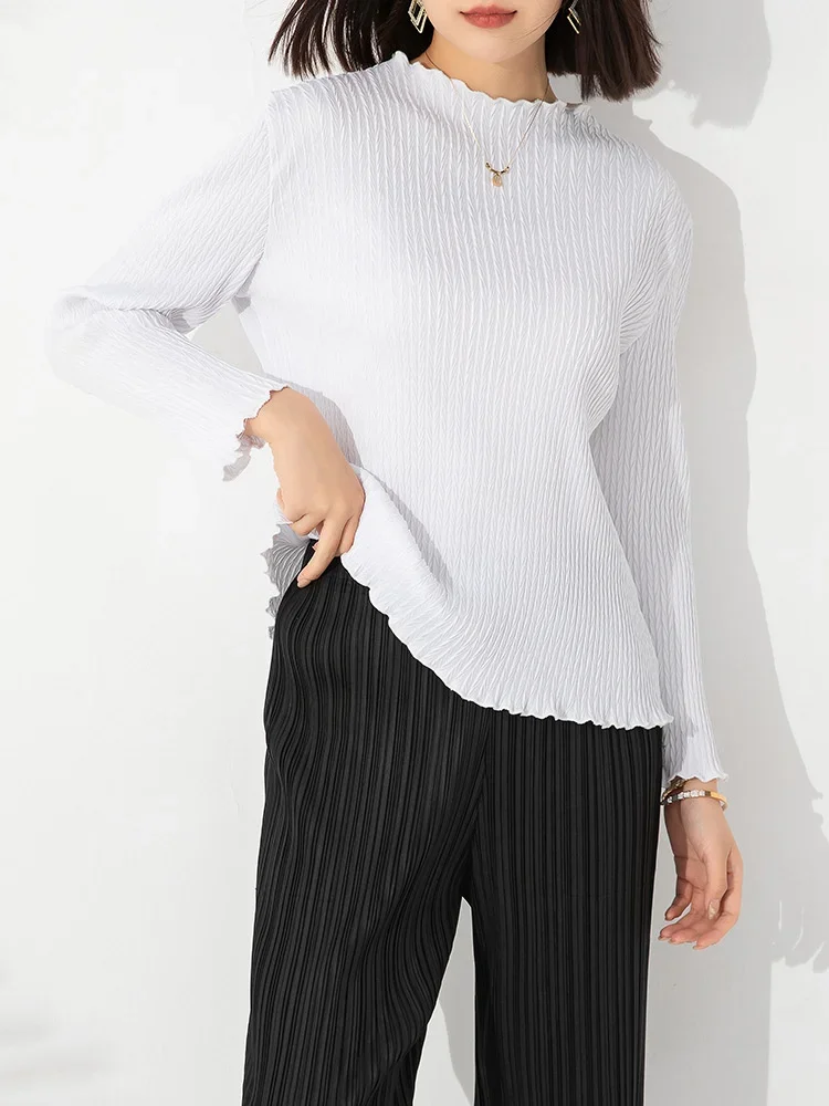

Miyake Pleated Half Turtleneck Bottoming Shirt Women's Long-sleeved T-shirt Spring and Autumn New Slim Stretch Comfortable Top