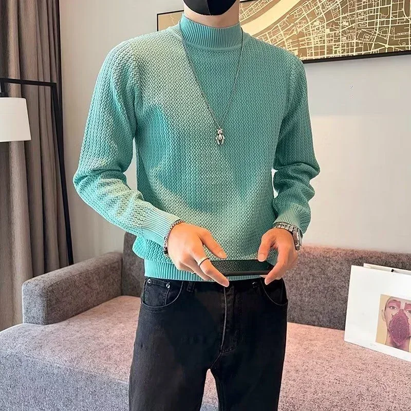 

Knitted Sweaters for Men Plain Solid Color Man Clothes Green Pullovers Half Collar Turtleneck Overfit Wool Cheap 2023 Trend X V