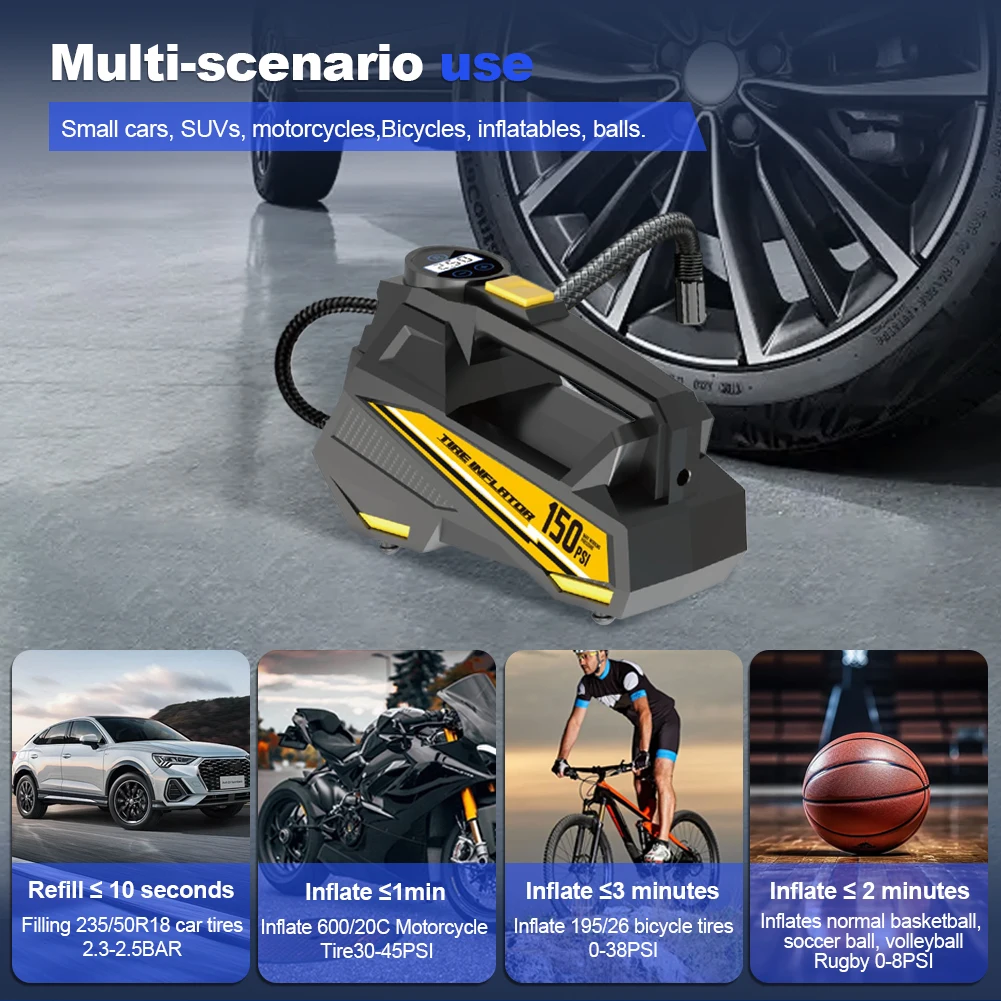 Inflador de Neumáticos Portátil de 150 PSI con Luz LED, Bomba Eléctrica Automática con Pantalla Digital para Neumáticos de Automóvil Inflador de Neumáticos Portátil de 150 PSI con Luz LED, Bomba Eléctrica Automática con Pantalla Digital para Neumáticos de Automóvil