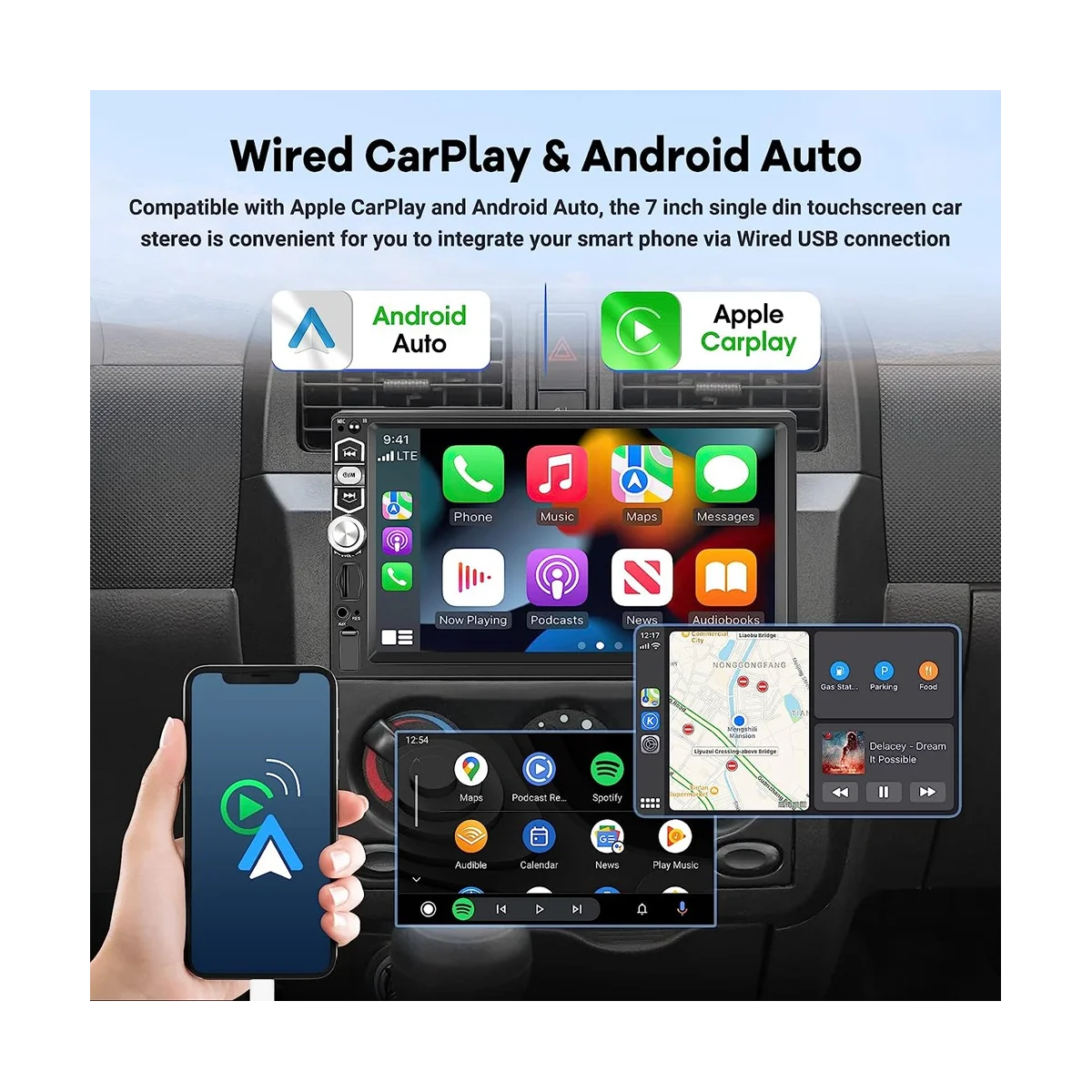 Автомобильная стереосистема Carplay, автомагнитола на Android, 7-дюймовый сенсорный экран, зеркальная связь/Bluetooth/FM-радио/Резервное копирование
Автомобильная стереосистема Carplay, автомагнитола на Android, 7-дюймовый сенсорный экран, зеркальная связь/Bluetooth/FM-радио/Резервное копирование