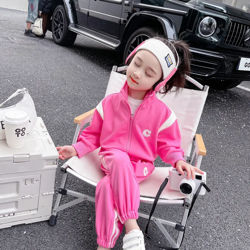 

2024 Spring Korean Children Girl 2PCS Clothes Set Cotton Spliced Zipper Coat Sports Jogger Pant Little Girl Outfit Kid Girl Suit