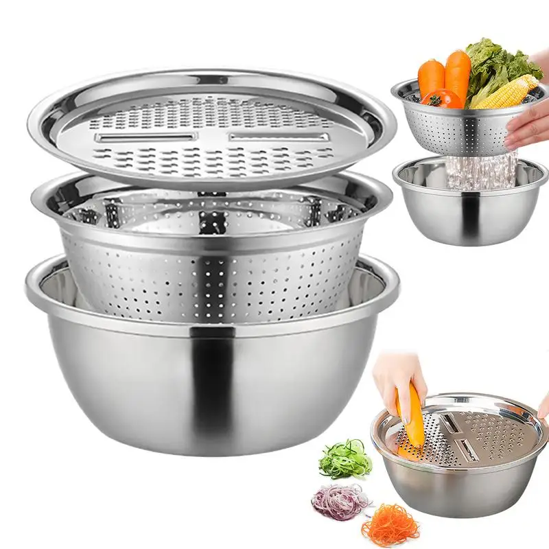 

Multifunctional Stainless Steel Drain Basket Vegetable Slicer Graters For Kitchen 3 In 1 Colanders Basin Mixing Set Salad Maker