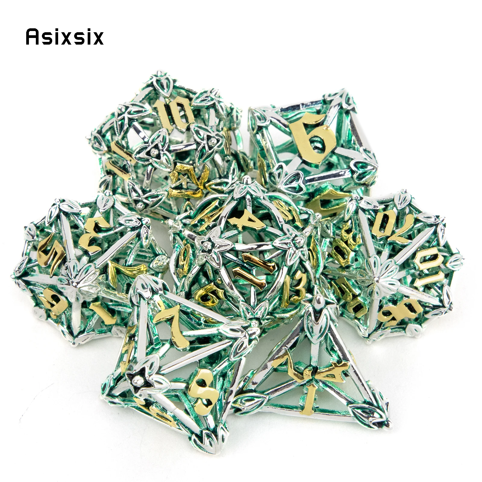 7 Pcs Silver Green Leaf Flower Metal Dice Hollow Metal Polyhedral Dice Set Suitable for Role-Playing RPG Board Game Card Game
7 Pcs Silver Green Leaf Flower Metal Dice Hollow Metal Polyhedral Dice Set Suitable for Role-Playing RPG Board Game Card Game