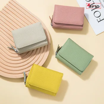 정품 가죽 RFID 단지갑 카드홀더 가방, 휴대용 소가죽, 소형 지퍼, 돈 동전 지갑, 남성 여성 이어폰 파우치 상품 이미지