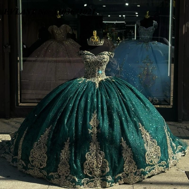 

EVLAST Mexican Green Quinceanera Dress Ball Gown Gold Lace Applique Beaded Crystals Corset Sweet 16 Vestidos De XV 15 Anos SQ86