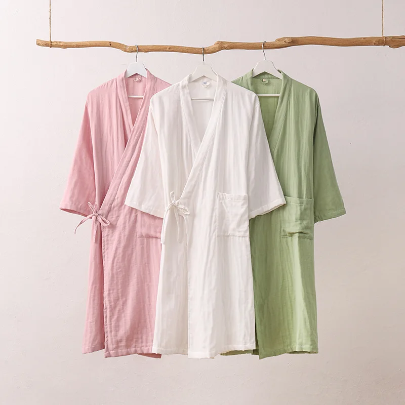 

Women Robes Spring Summer100% Cotton 3 Layers Gauze Sleepwear Men Pajamas Home Clothes Plain Dressing Gown Kimono Hotel Bathrobe