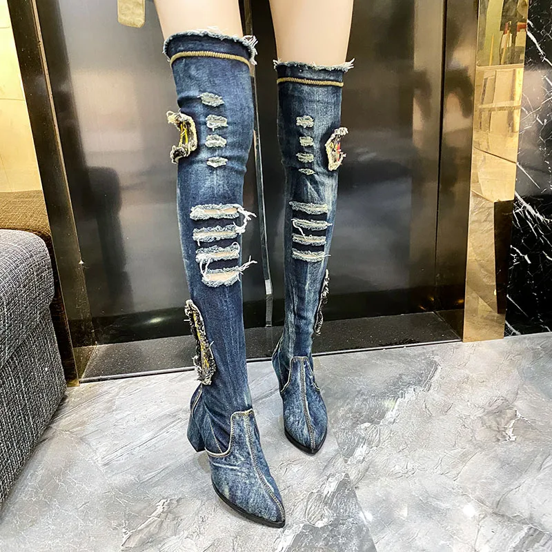 

Retro Pointed Toe Women Thigh High Boots 6CM Chunky High Heel Over the Knee Boot Slim Fit Jean Botas Mujer Elastic Denim Shoes