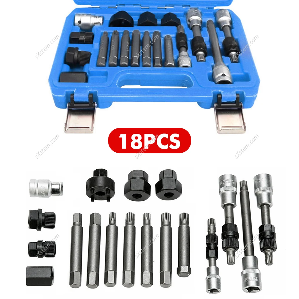 18pcs Alternator Generator Belt Pulley Disassembly Wrench Remover Socket Set Garage Automotive Freewheel Removal Tool Kit
18pcs Alternator Generator Belt Pulley Disassembly Wrench Remover Socket Set Garage Automotive Freewheel Removal Tool Kit