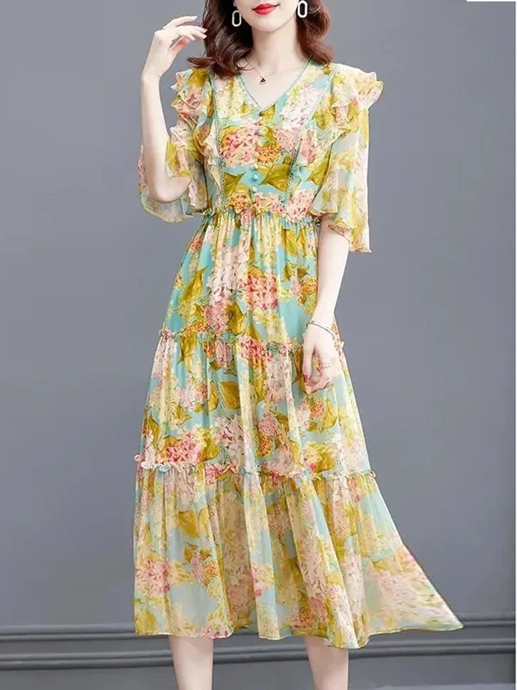2023 Summer Women's Chiffon V-Neck Butterfly Sleeve Dresses New Pleated Edge Print Patchwork Slim A-line Dress Fashion Female Dr
2023 Summer Women's Chiffon V-Neck Butterfly Sleeve Dresses New Pleated Edge Print Patchwork Slim A-line Dress Fashion Female Dr