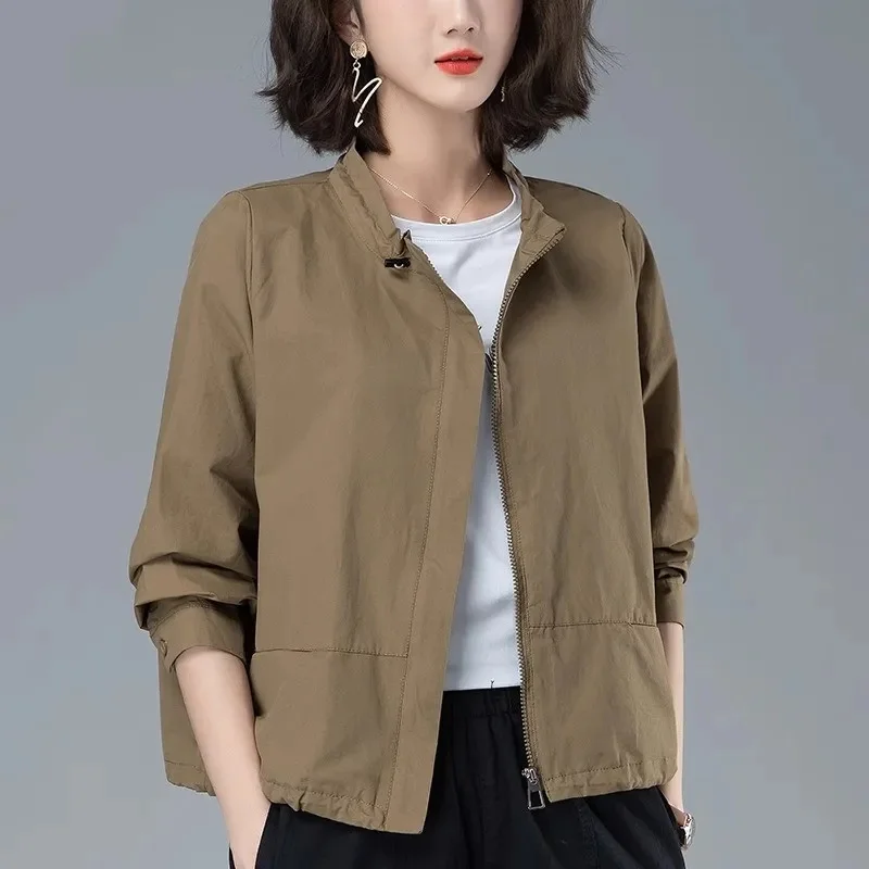 

2024 New Spring Autumn Zipper Coat Outerwear For Women's Casual Stand-Up Collar Jacket Top Fashion Short Windbreaker Female