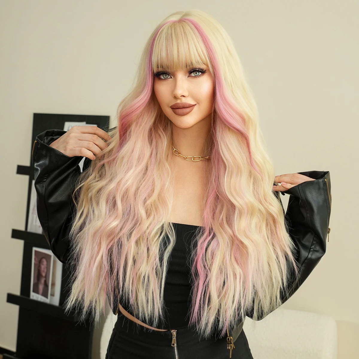 

7JHH WIGS Synthetic Hair Wig Long Body Wave Pink Highlight Blonde Wigs with Neat Bangs High Density Fluffy Heat Resistant