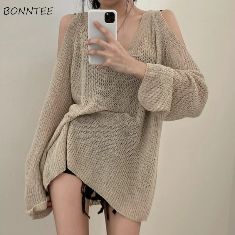 

Pullovers Women Off Shoulder Sexy Design Loose Stylish Spring All-match Minimalist Pure Korean Style Ladies Sweater New Leisure