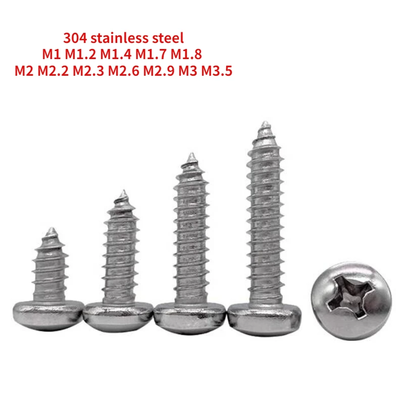 

304 Stainless Steel GB845 Cross Round Head Pointed Tail Self Tapping Screw M1 M1.2 M1.4 M1.7 M1.8 M2 M2.2 M2.3 M2.6 M2.9 M3 M3.5