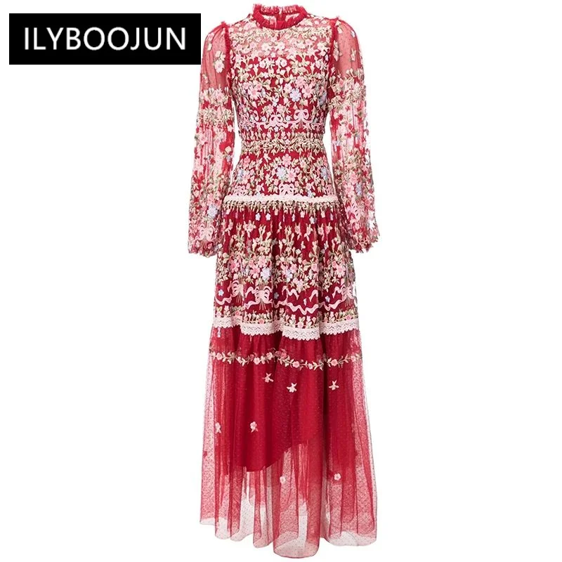 

Autumn Mesh Maxi Dress Women O-Neck Lantern Sleeve Flowers Embroidery High Waist Elegant Party Dess