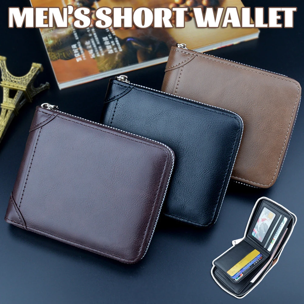 

New Tri-fold Men's Wallet Short Zipper Coin Purses Simple Retro Casual Money Clip Horizontal Youth Card Package Driver's License