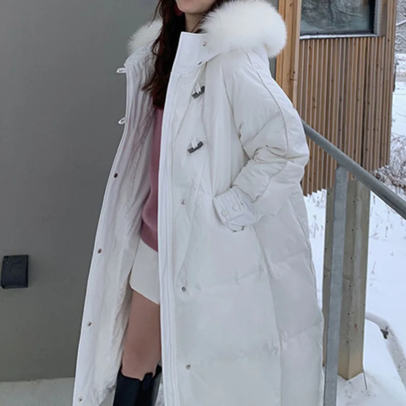White Duck Down Jacket Women's New Winter Big Real Fur Hooded Middle And Long Korean Over Knee Fashion Elegant Horn Solid Parker
White Duck Down Jacket Women's New Winter Big Real Fur Hooded Middle And Long Korean Over Knee Fashion Elegant Horn Solid Parker