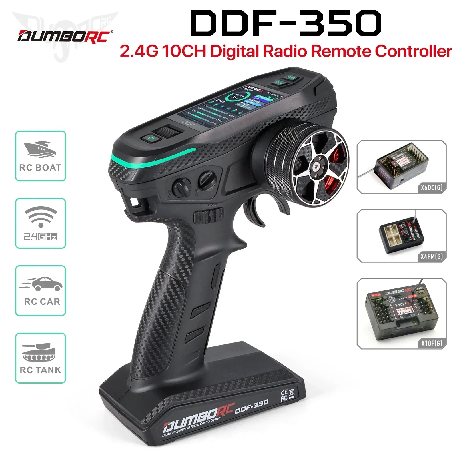 DUMBORC DDF-350 10CH RC Remote Controller 10 Channel 2.4Ghz Digital Radio Transmitter with Receiver with HD Screen 
DUMBORC DDF-350 10CH RC Remote Controller 10 Channel 2.4Ghz Digital Radio Transmitter with Receiver with HD Screen
