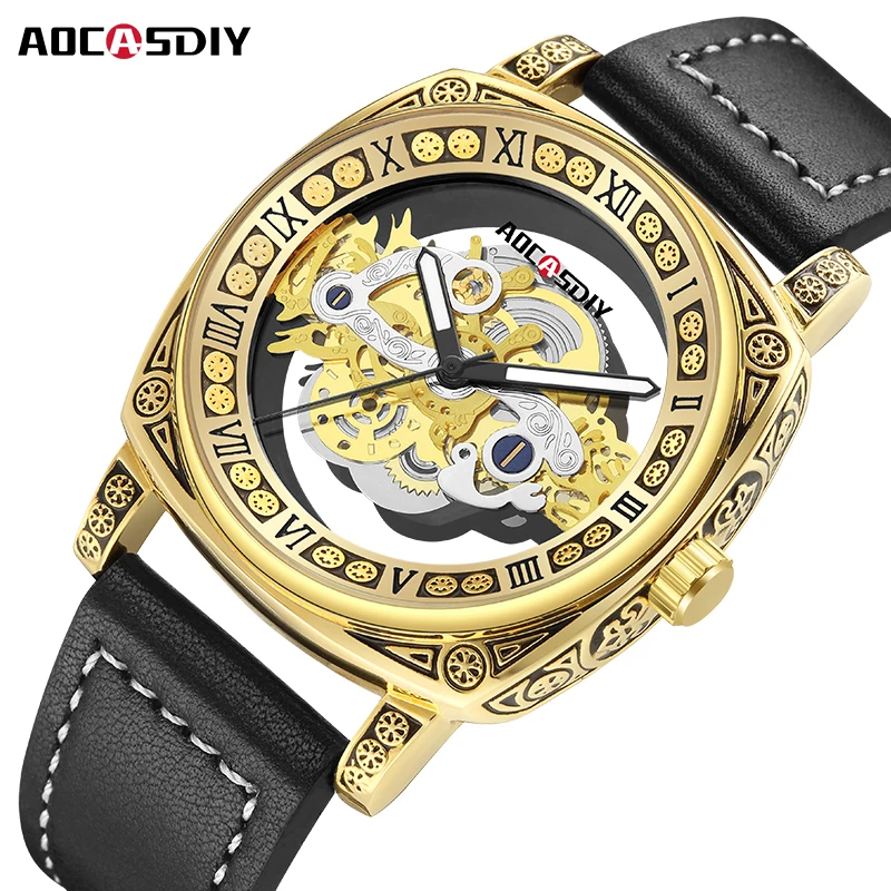 

Luxury Mens Watches Hollow Retro Quartz Wristwatch Leather Band Watch for Men Luminous Hands with Chronograph Relogio Masculino