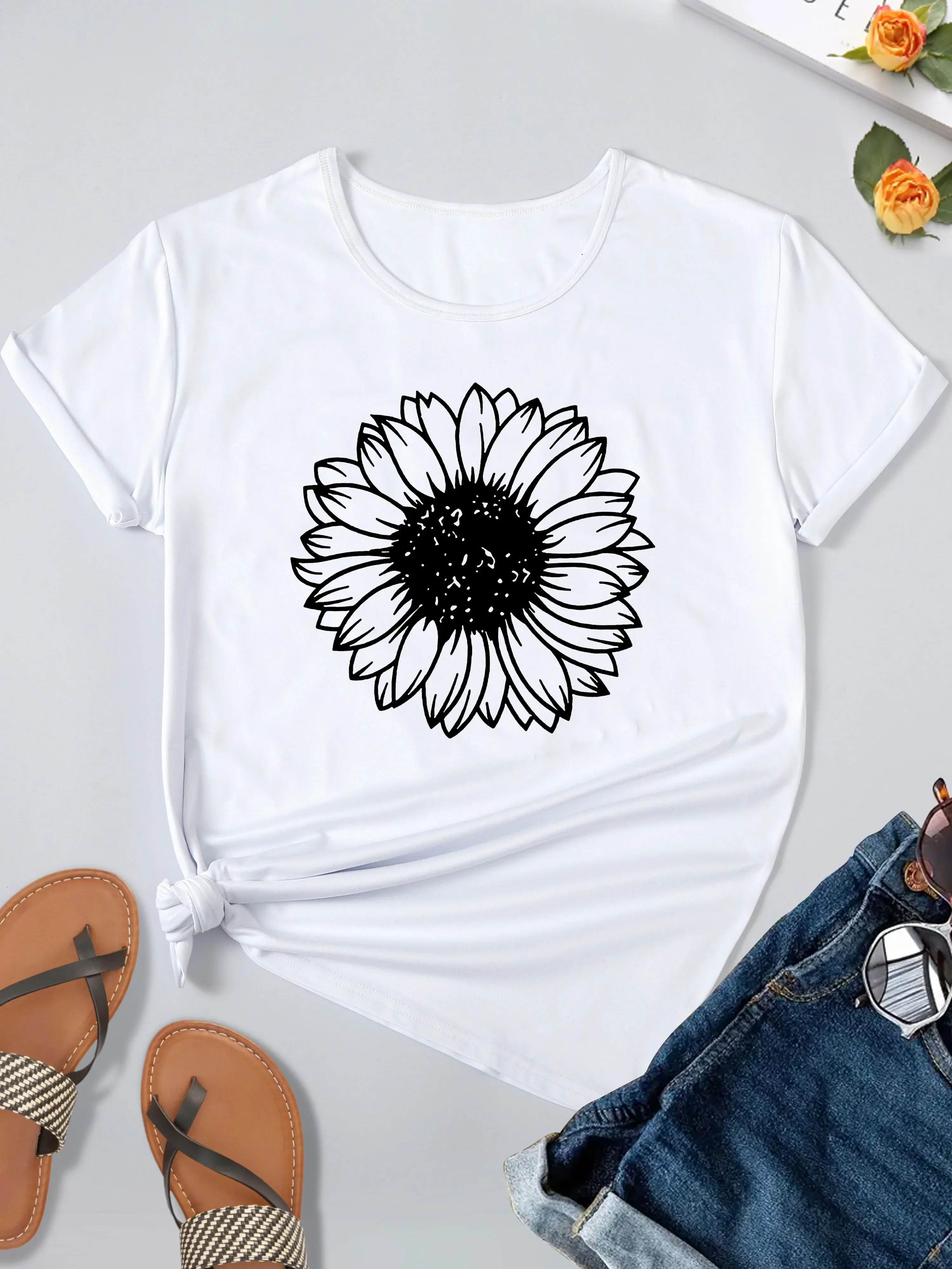 

Y2k Short Sleeves Sunmmer T Shirt 2024 New Sunflower Print T-shirt, Casual Crew Neck Top for Spring & Summer, Women's Clothing