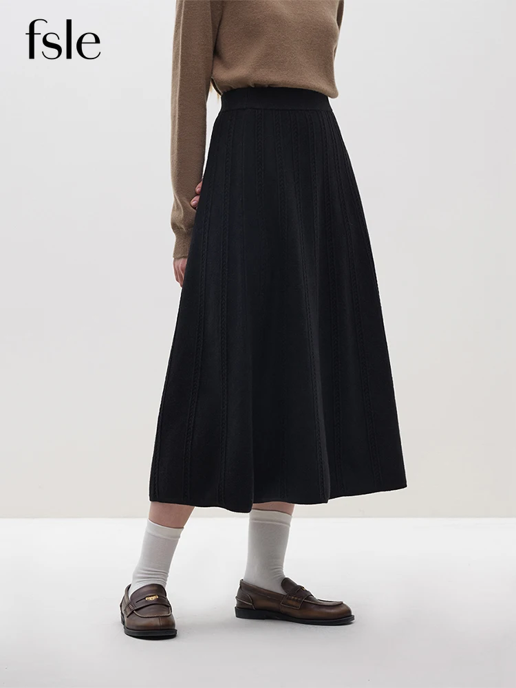 

FSLE All-match Elegant High-waisted Skirt for Women Autumn and Winter Slimming Twist Stitching Knitted A-line Skirt Female