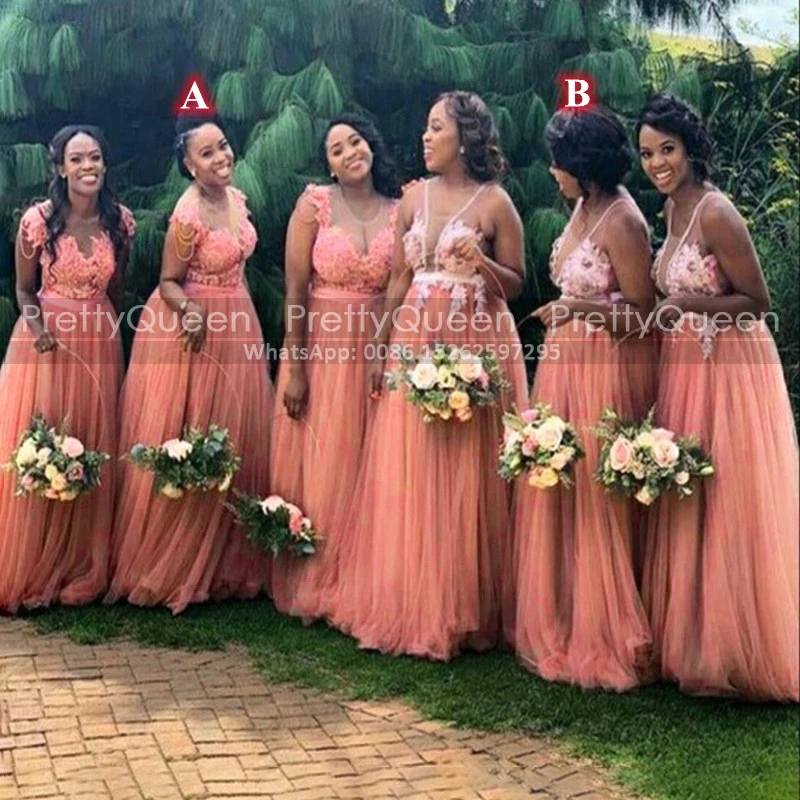 

2024 Fluffy A Line Bridesmaid Dresses With Beaded Tassel Appliqus Long Sheer Neck Plus Size Women Party Dress Maid Of Honor